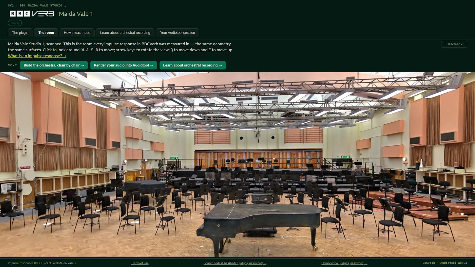 BBCVerb app showing a scan of BBC Maida Vale Studio 1 with orchestra chairs and a grand piano