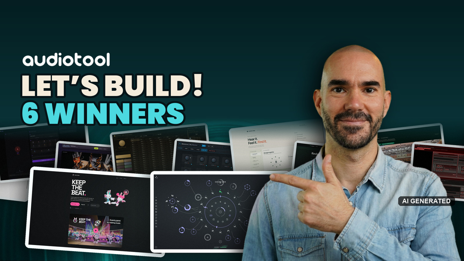 Audiotool logo and a Let's Build! 6 winners headline over a collage of the hackathon's NEXUS apps, with Christopher Wieduwilt pointing at it
