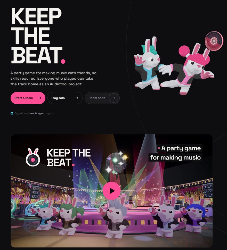 Keep the Beat home page showing two 3D bunny characters and a party game trailer for making music in Audiotool