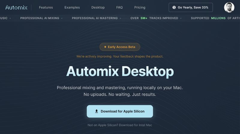 Automix Desktop landing page from RoEx with a Download for Apple Silicon button for local AI mixing and mastering on Mac