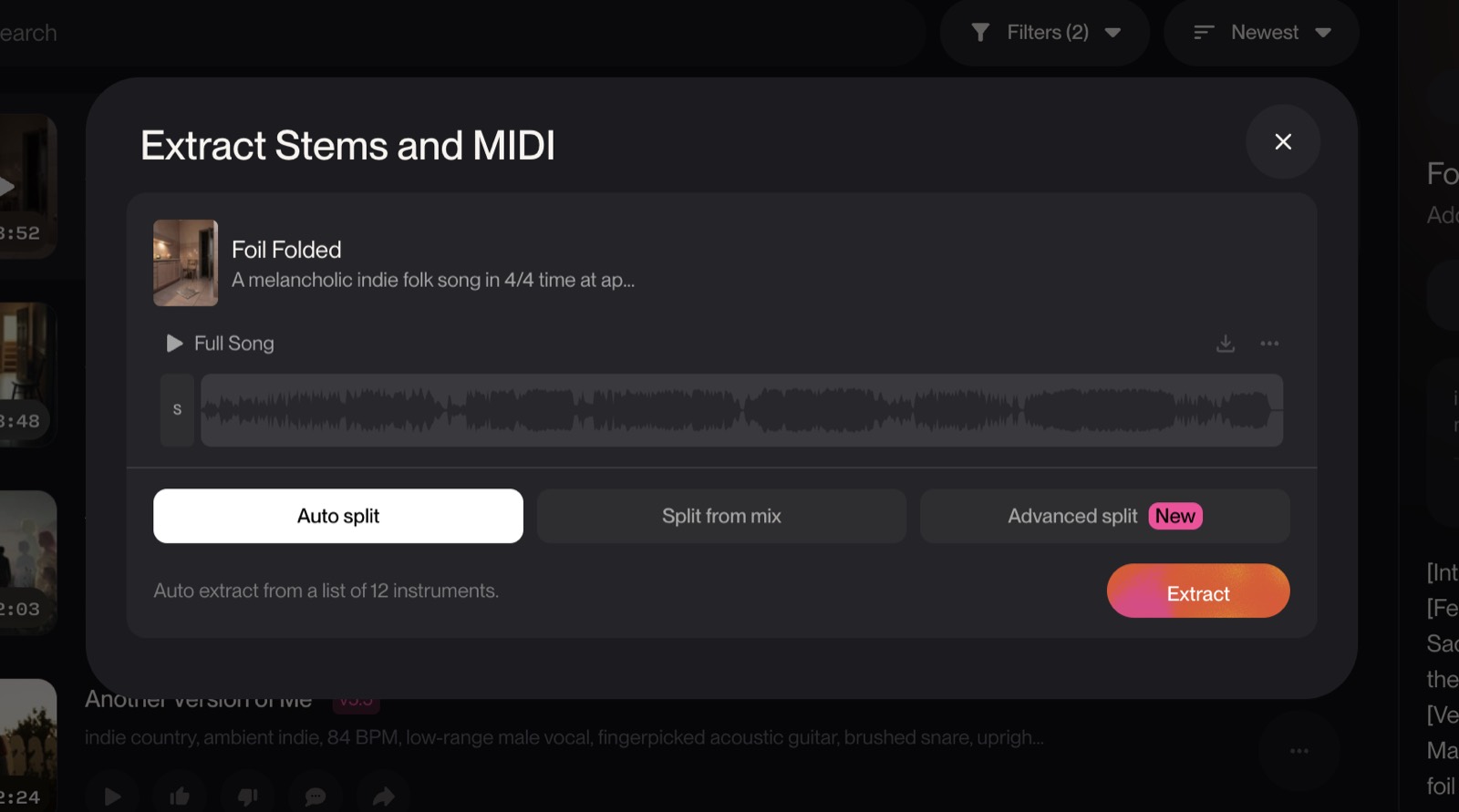 Suno Extract Stems and MIDI panel with the Auto Split tab selected to pull a list of 12 instruments