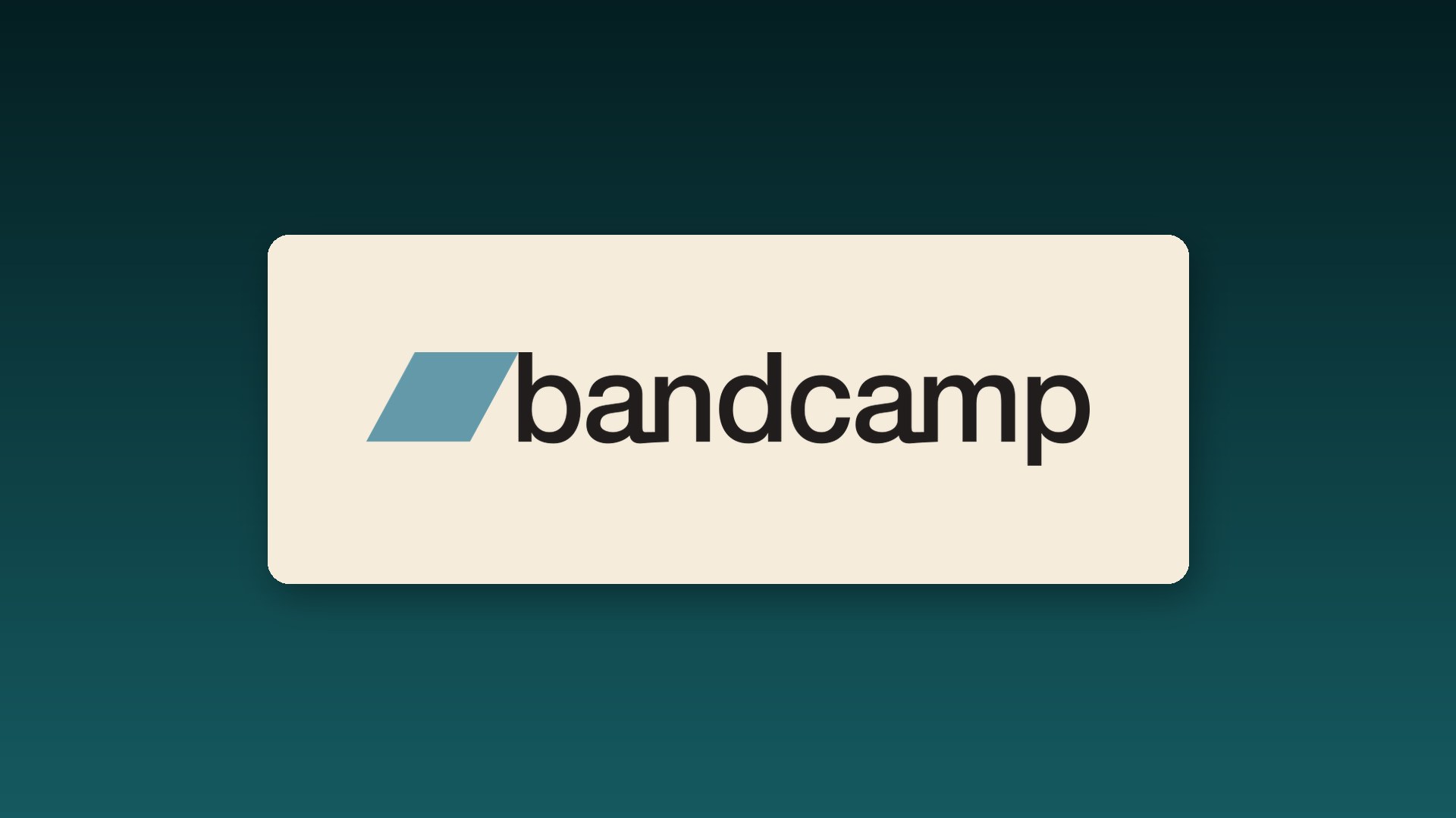 The Bandcamp logo on a cream card against a dark teal background