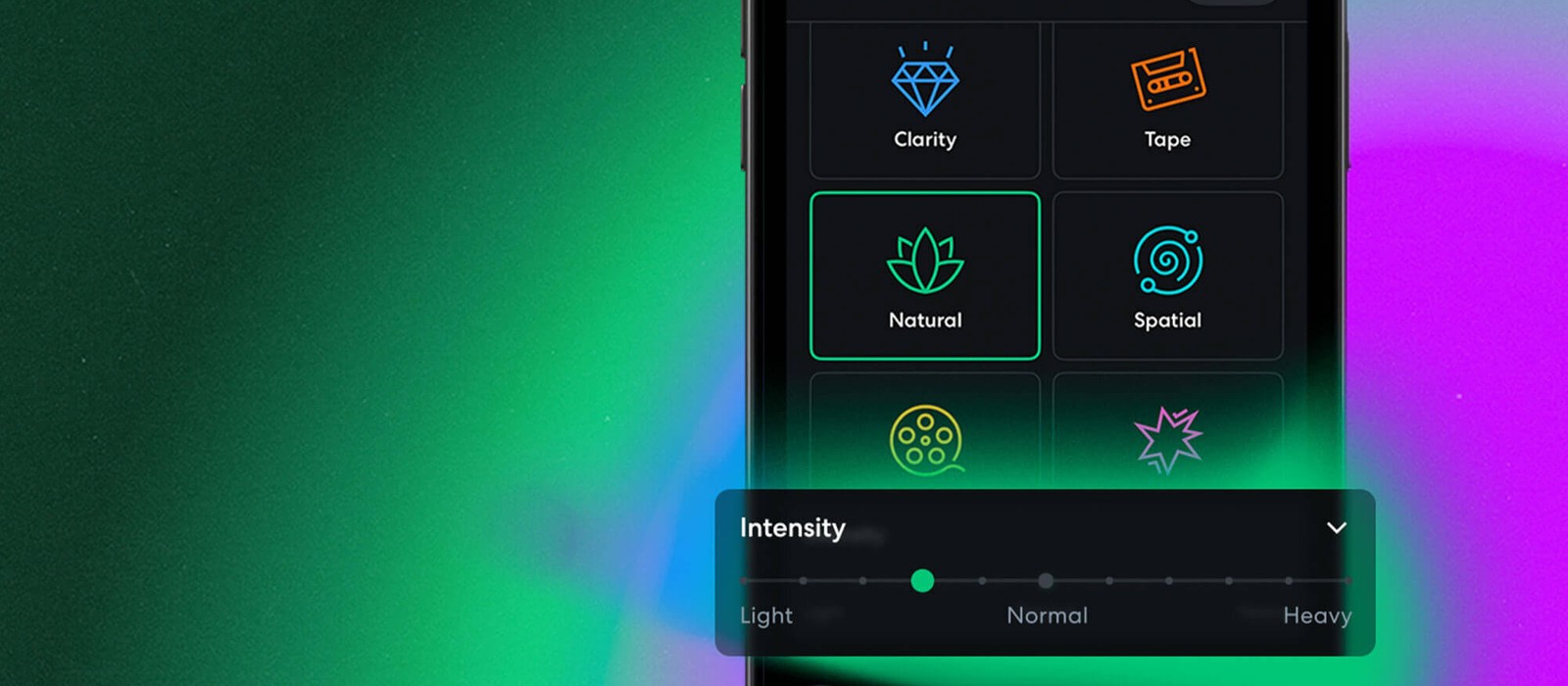 BandLab mastering screen showing Clarity, Tape, Natural and Spatial presets with the Intensity slider set between Light and Heavy