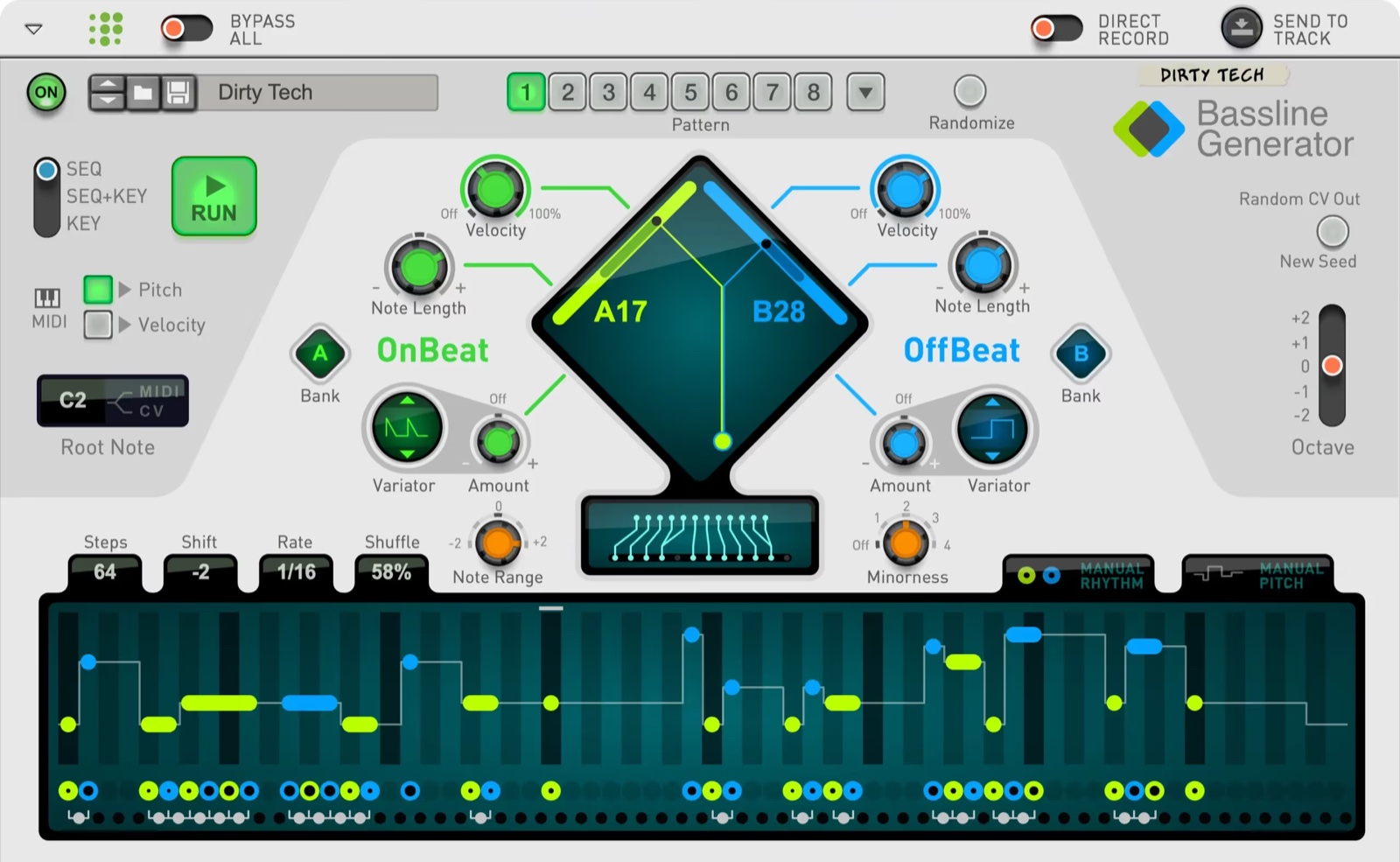 Bassline Generator panel with the OnBeat and OffBeat diamond controller and note display