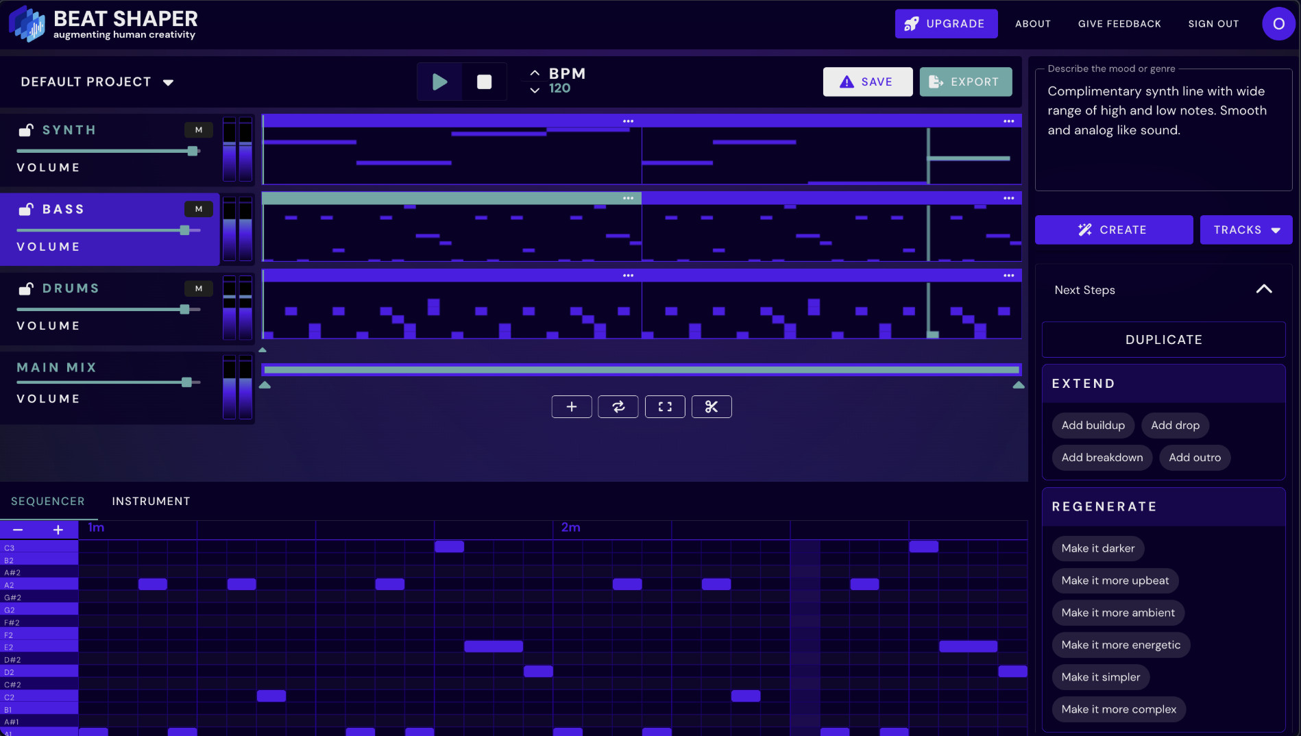 Beat Shaper browser app showing synth, bass and drum tracks generated from a text prompt, with the piano roll sequencer open below for note editing