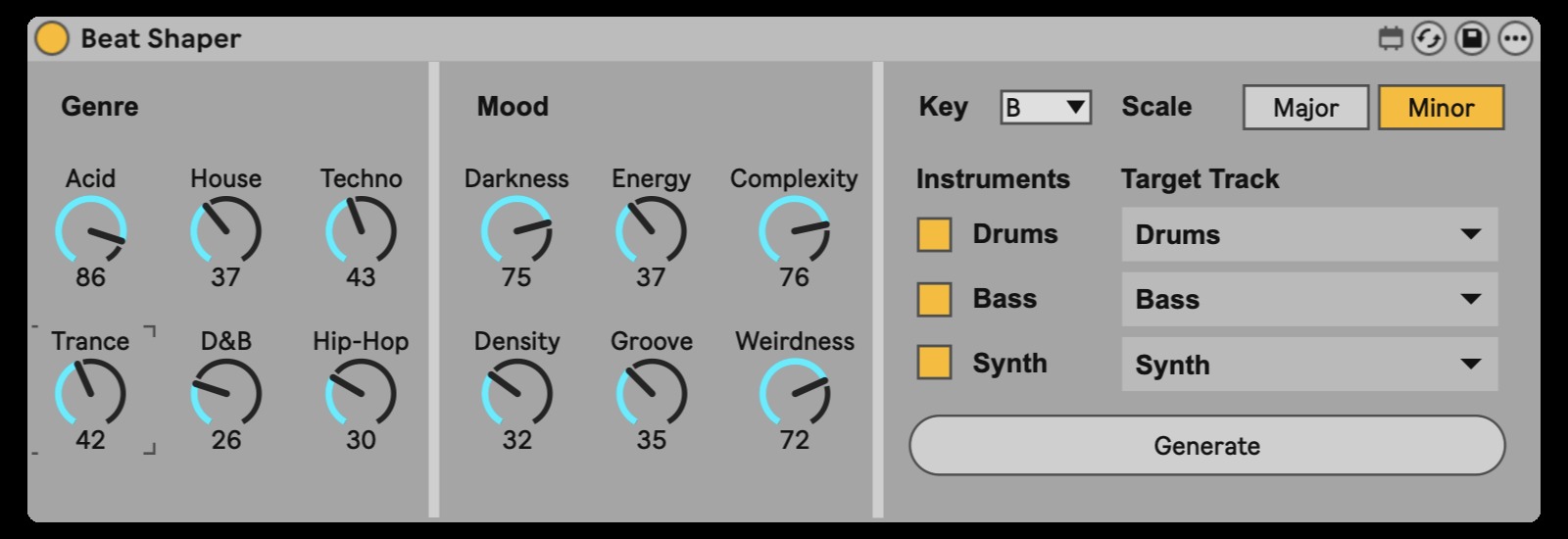 Beat Shaper Max for Live device in Ableton with genre dials, mood dials, key and scale, and target track routing