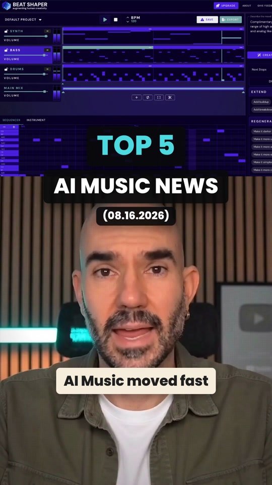 TikTok cover of the Top 5 AI Music News for 16 August 2026, with the Beat Shaper interface at the top