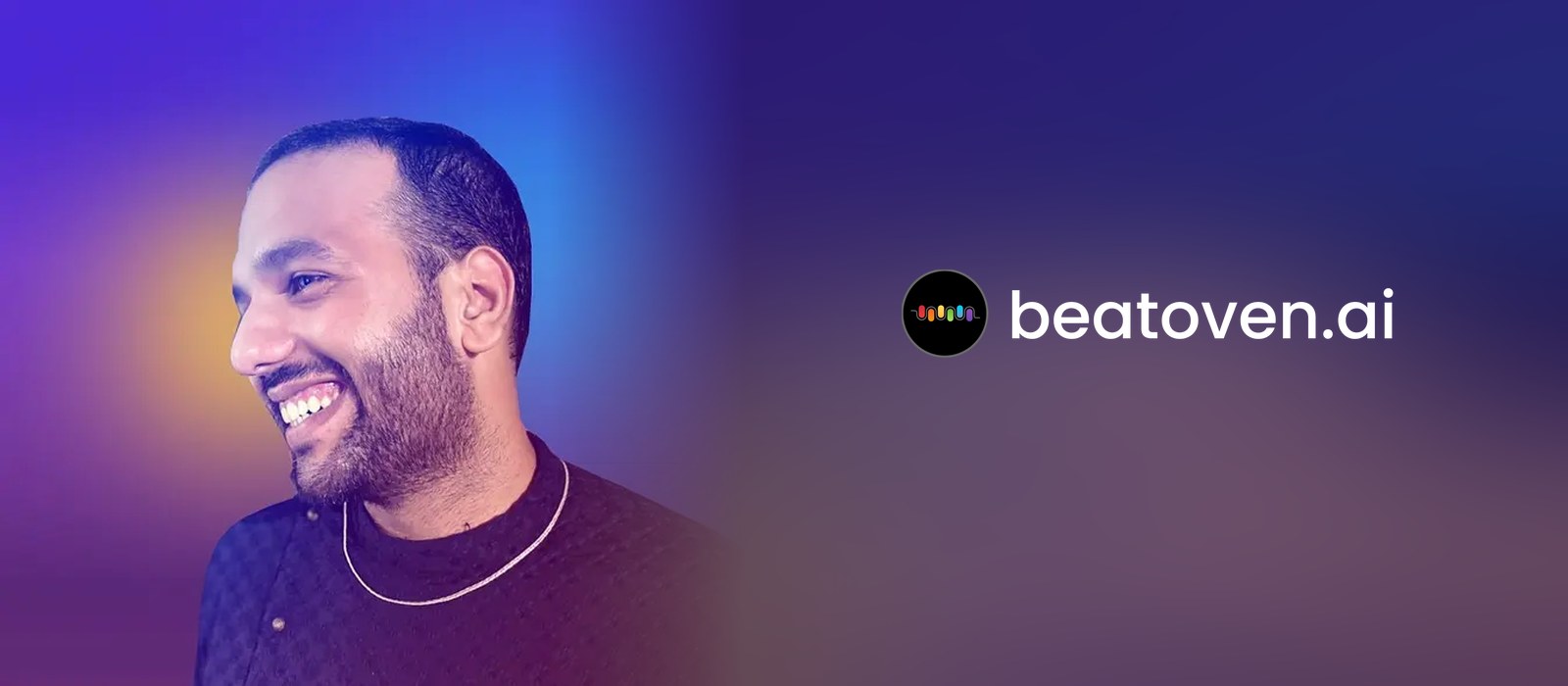 Beatoven.ai co-founder Mansoor Rahimat Khan beside the beatoven.ai logo after the company discontinued its consumer service