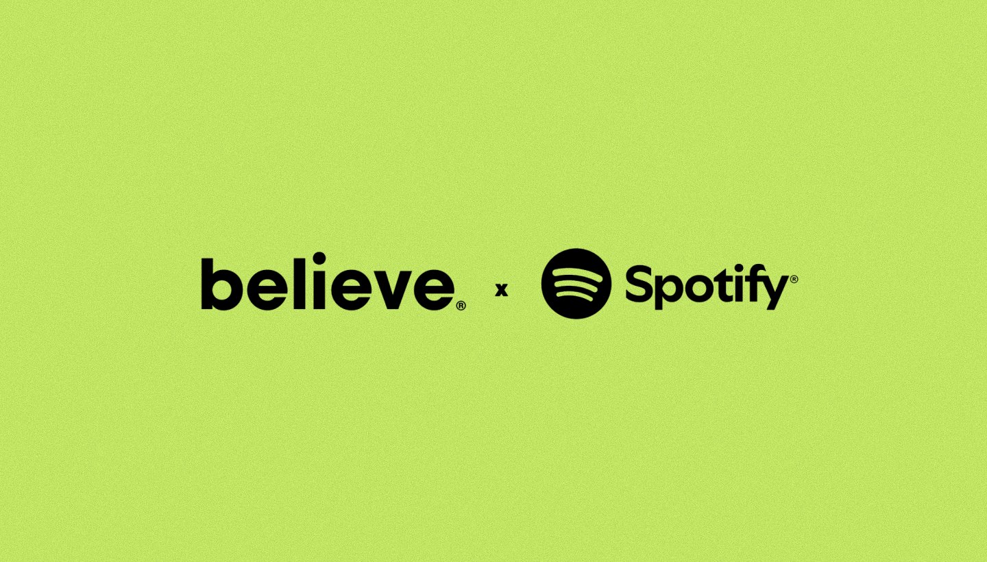 Believe and Spotify logos side by side on a lime green background announcing their AI remix licensing deal