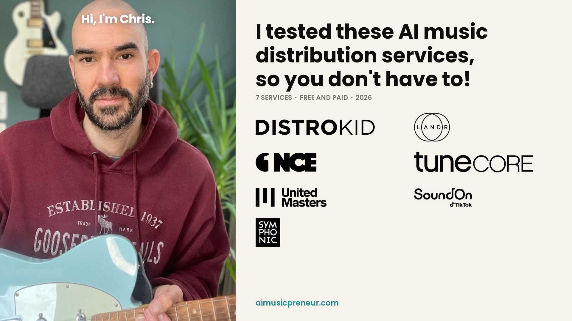 Chris Wieduwilt with a guitar beside the logos of the 7 AI music distribution services compared for 2026: DistroKid, LANDR, ONCE, TuneCore, UnitedMasters, SoundOn and Symphonic