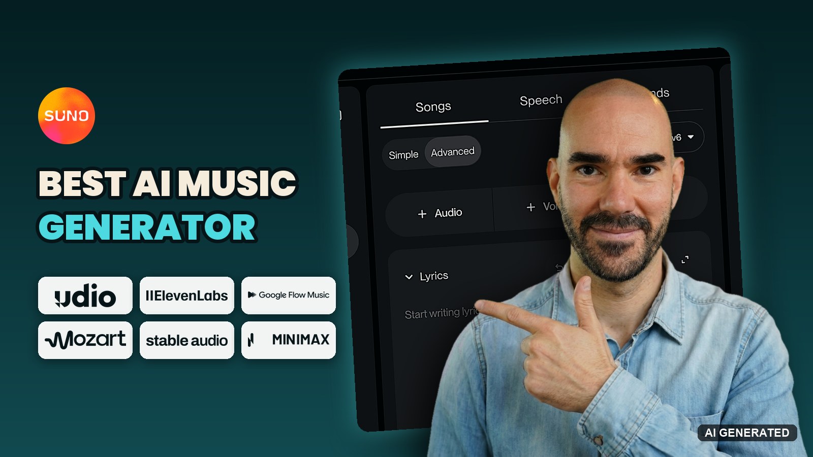 Chris Wieduwilt pointing at the Suno v6 create form beside logos of 6 AI music generators