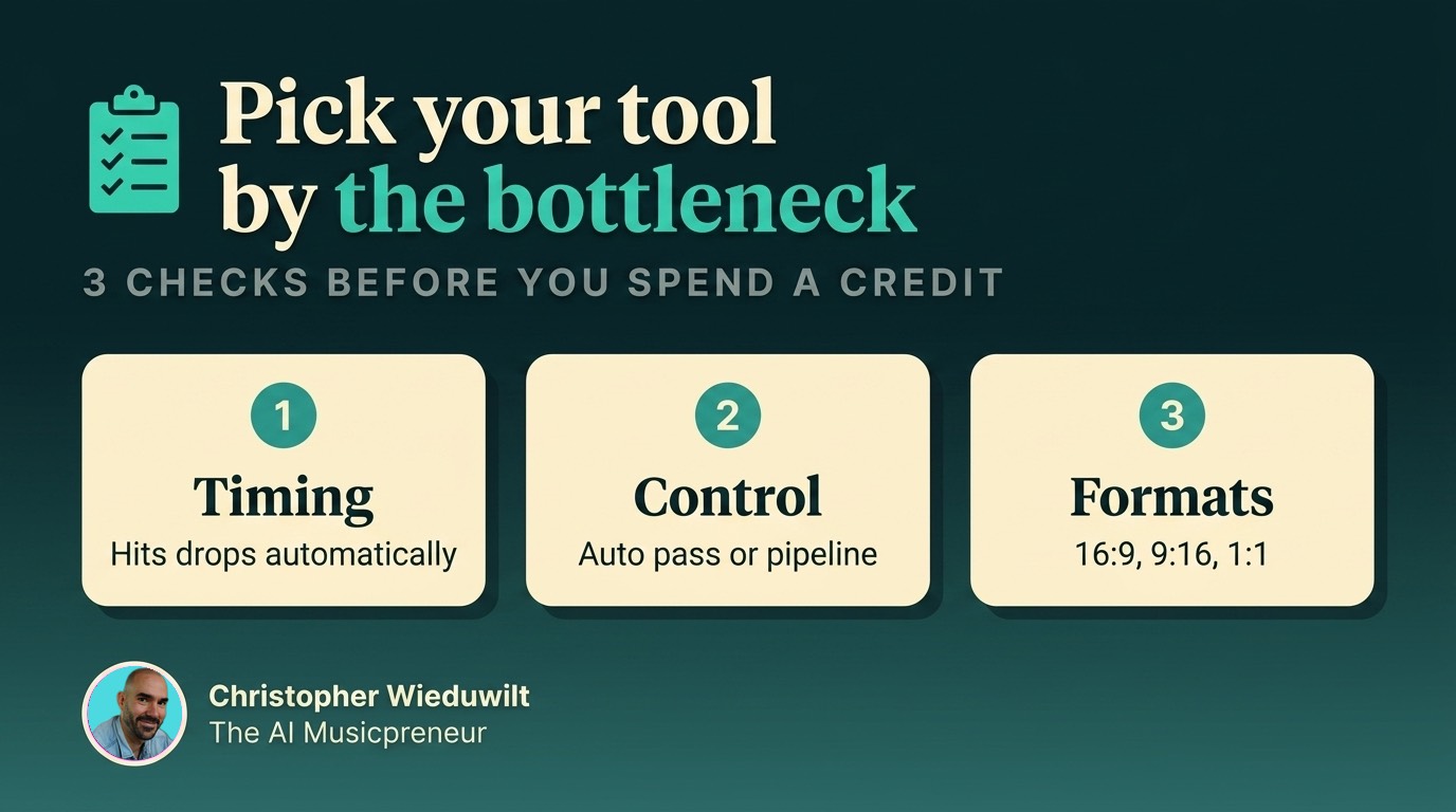 Three checks for choosing an AI music video generator: timing, control, and output formats