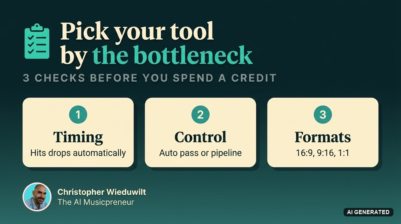 Three checks for choosing an AI music video generator: timing, control, and output formats