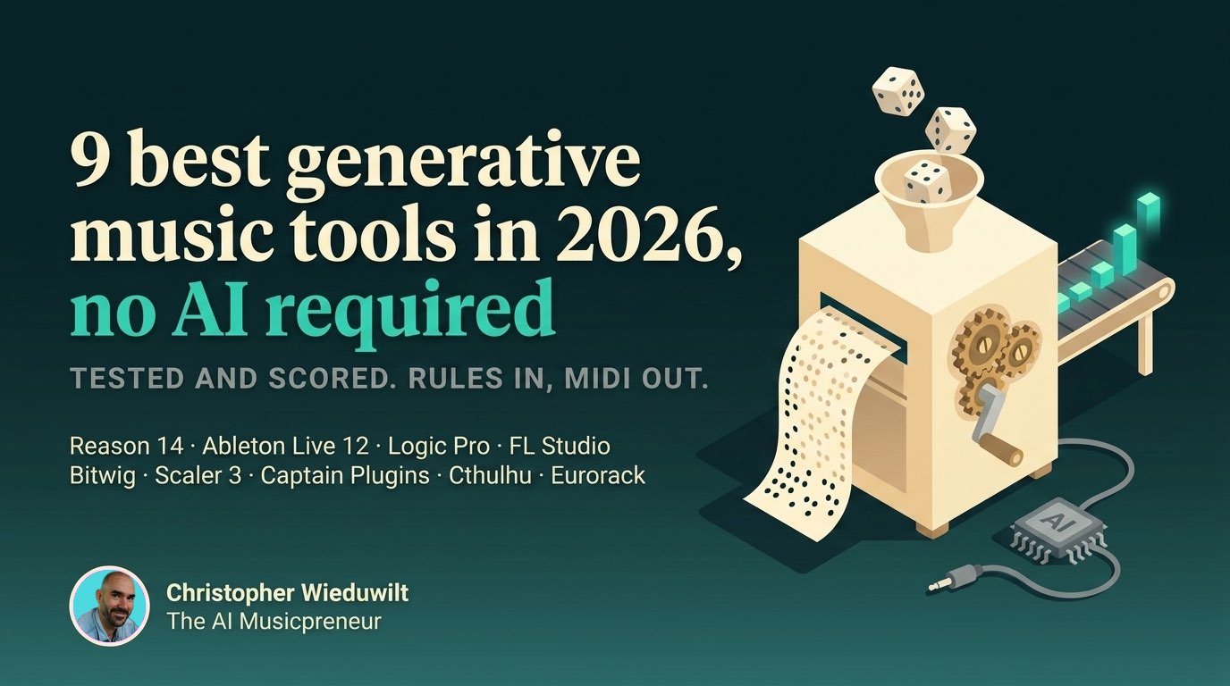 Isometric music box turning rules and dice into MIDI notes, illustrating 9 generative music tools with no AI