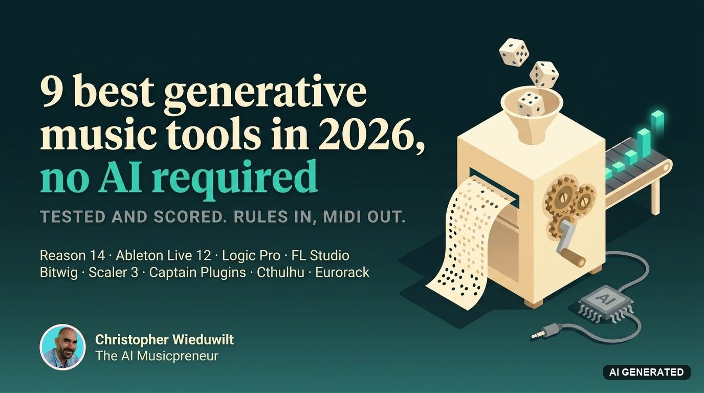 Isometric music box turning rules and dice into MIDI notes, illustrating 9 generative music tools with no AI