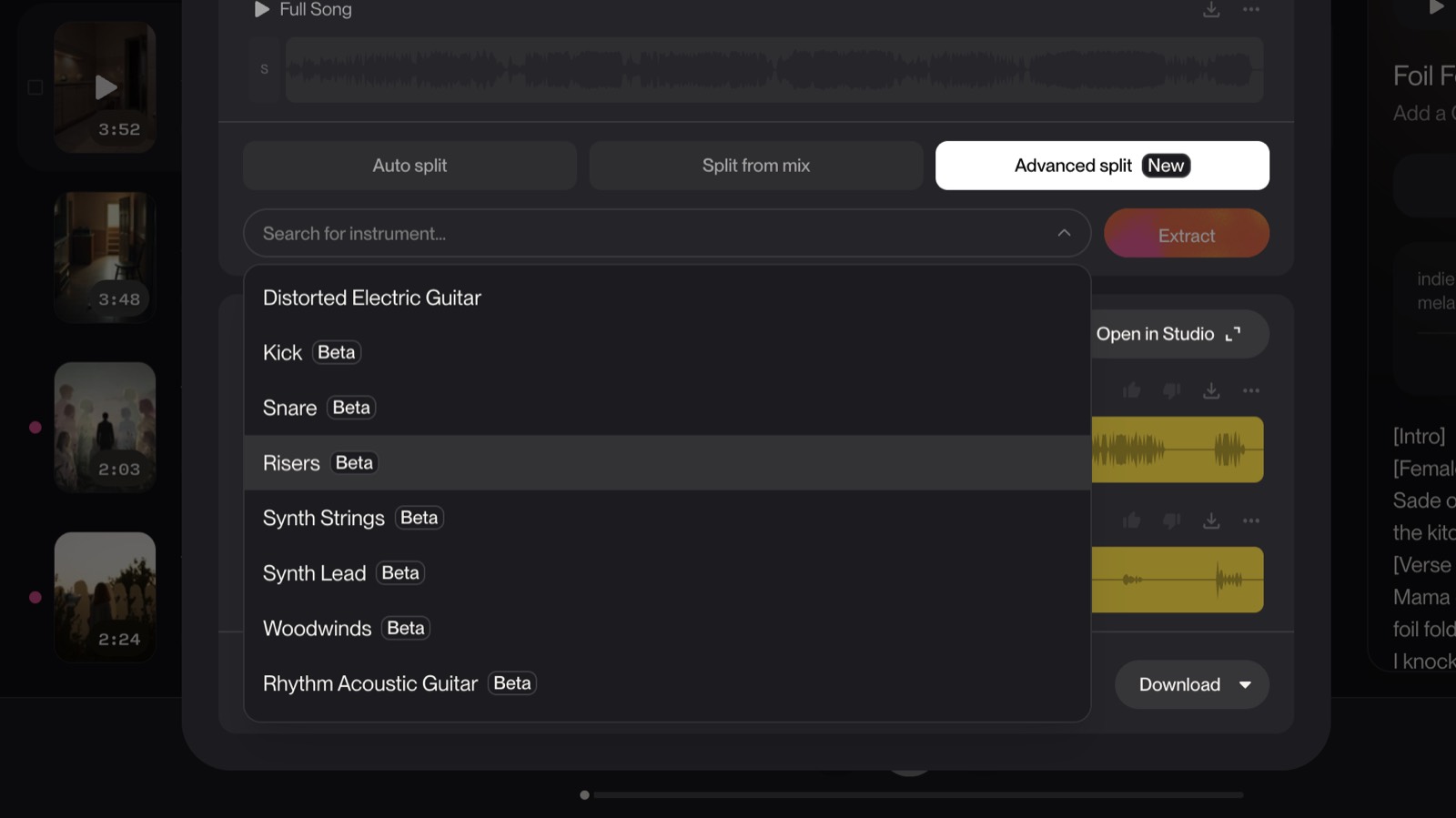 Suno Advanced Split list scrolled to beta stems including Kick, Snare, Risers, Synth Lead, and Woodwinds