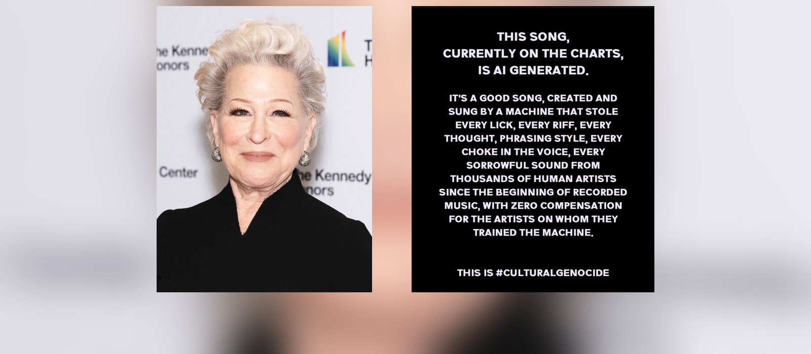 Bette Midler beside her August 2026 Instagram post calling a charting AI-generated song cultural genocide