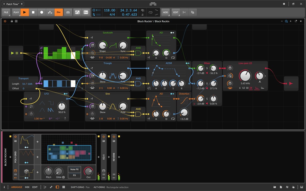 The Grid in Bitwig Studio with patched modules feeding a generative signal chain