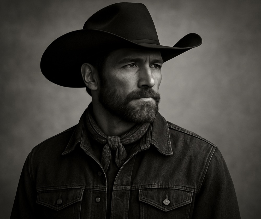 Black-and-white AI-generated portrait of the Breaking Rust cowboy persona — a bearded man in a black cowboy hat and denim jacket.