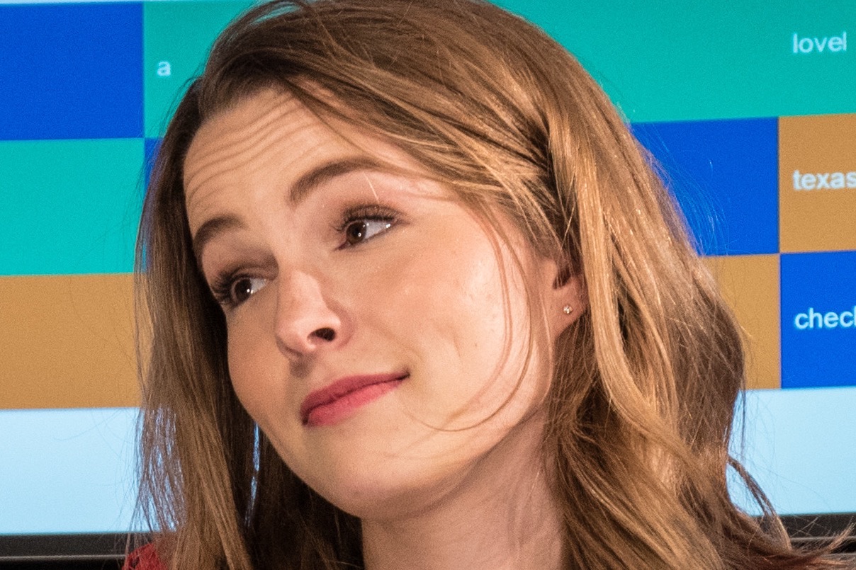 Bridgit Mendler at SXSW 2015 panel in front of a colorful screen backdrop