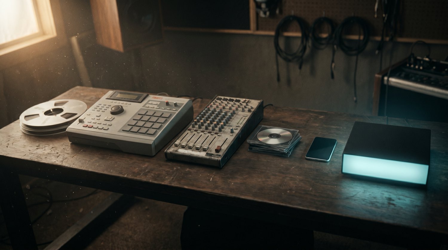 Studio workbench with a reel-to-reel, drum machine, mixing console, CDs, a phone and a glowing AI panel