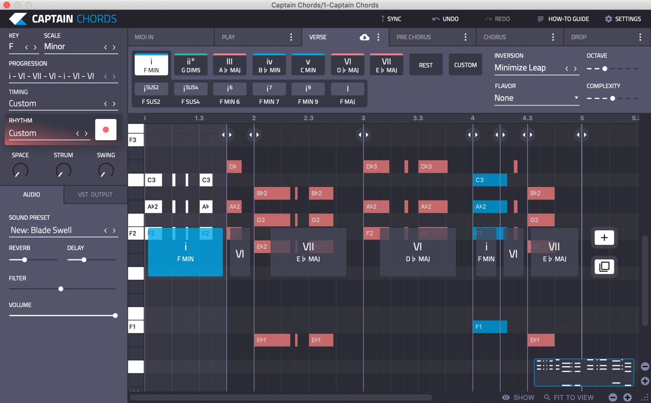Captain Chords progression builder with chords laid out on a timeline inside the chosen key