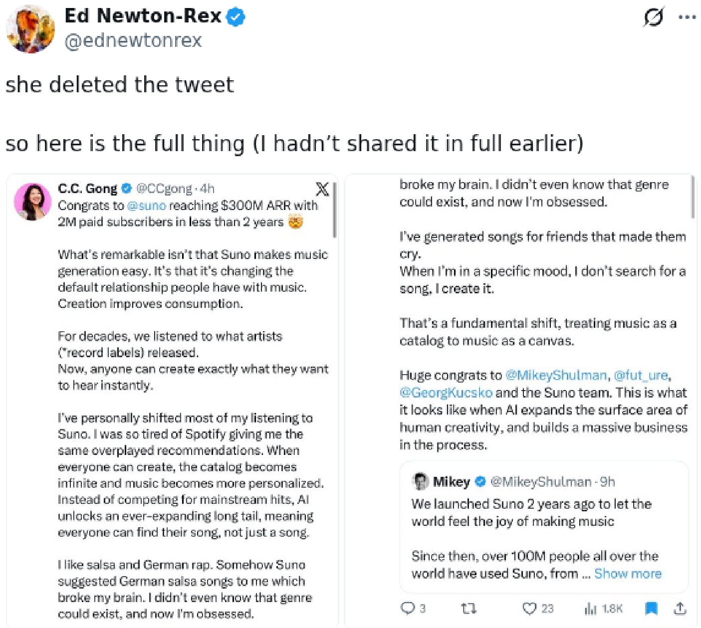 Court exhibit showing C.C. Gong's deleted X post about moving her listening from Spotify to Suno