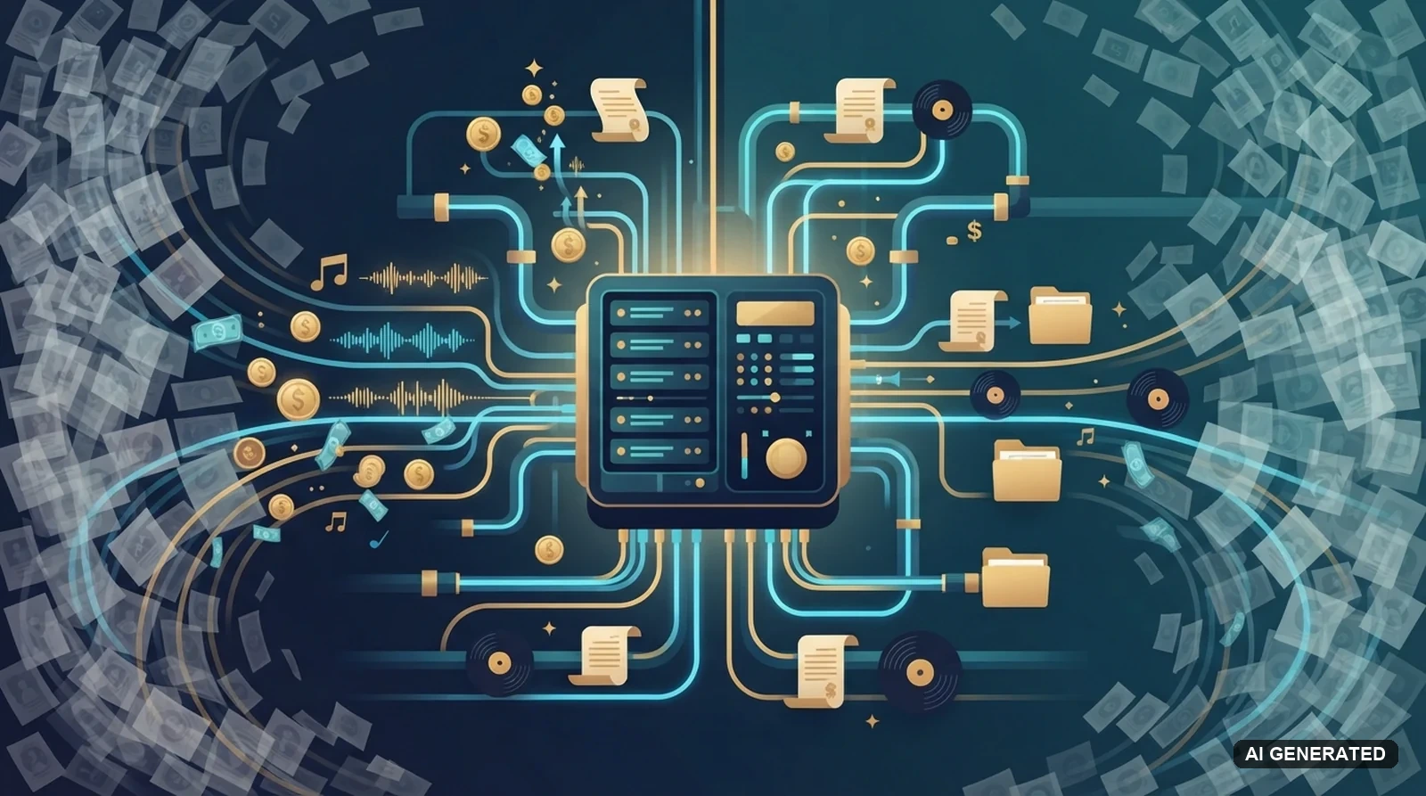Editorial illustration of a central server and control-panel hub routing music, royalties, contracts, and catalog data through glowing cables amid a swirl of AI tracks
