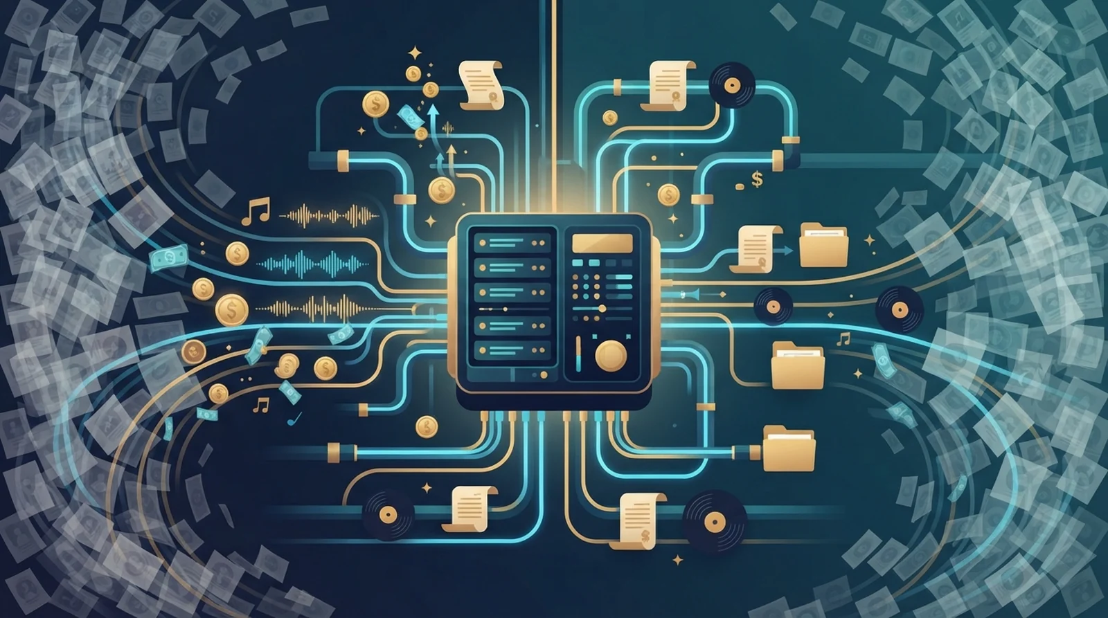 Editorial illustration of a central server and control-panel hub routing music, royalties, contracts, and catalog data through glowing cables amid a swirl of AI tracks