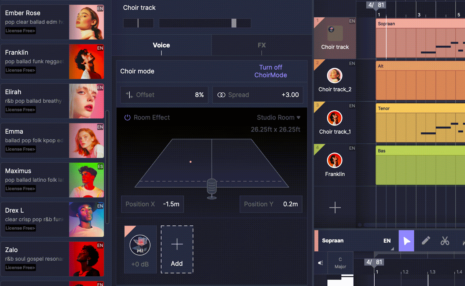 ACE Studio Choir Mode assembling a layered choir arrangement from multiple AI voice models.