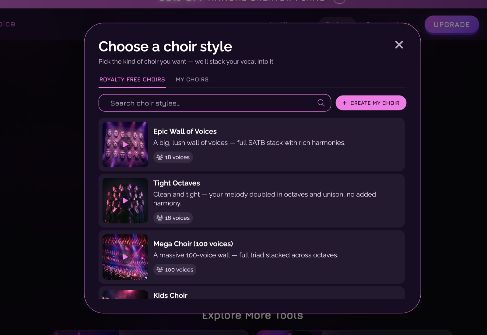 Controlla Choir Studio interface building a layered choir arrangement from an uploaded vocal.