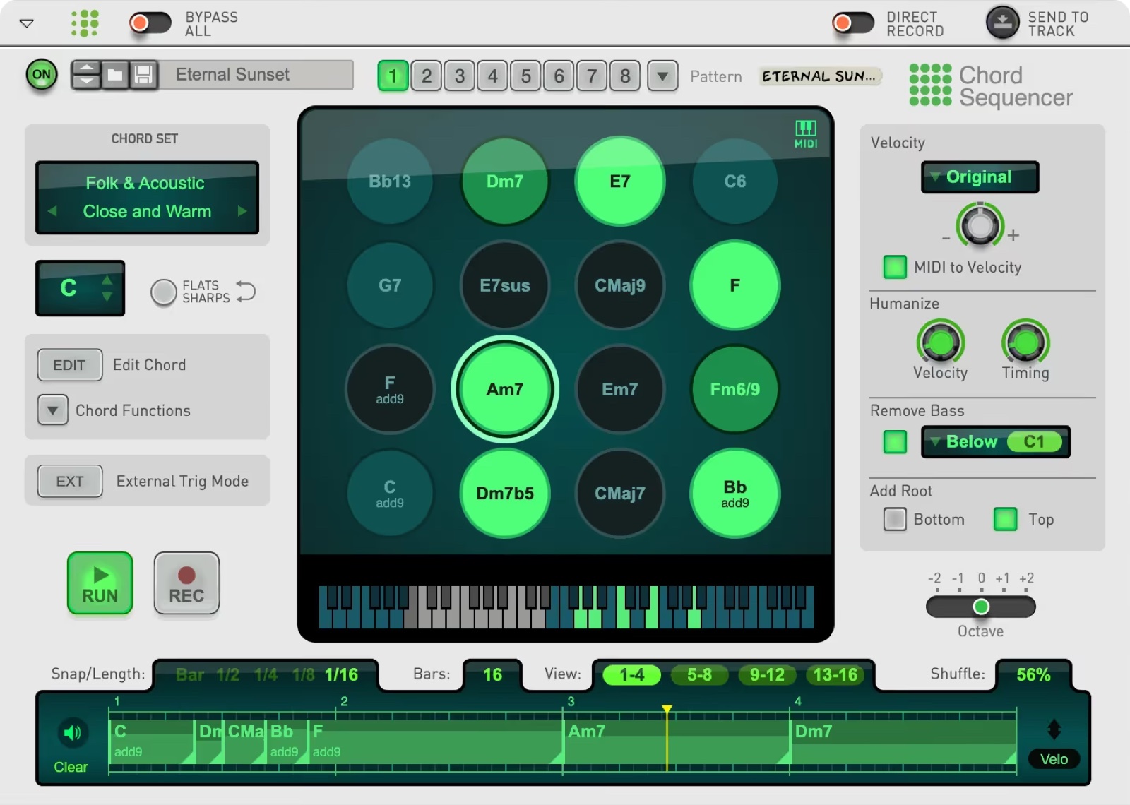 Chord Sequencer panel with 16 chord pads shaded green by suggestion strength