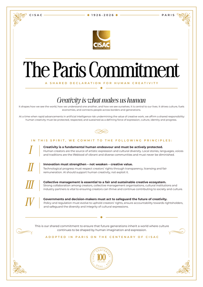 The Paris Commitment declaration graphic, a shared declaration for human creativity adopted on the centenary of CISAC