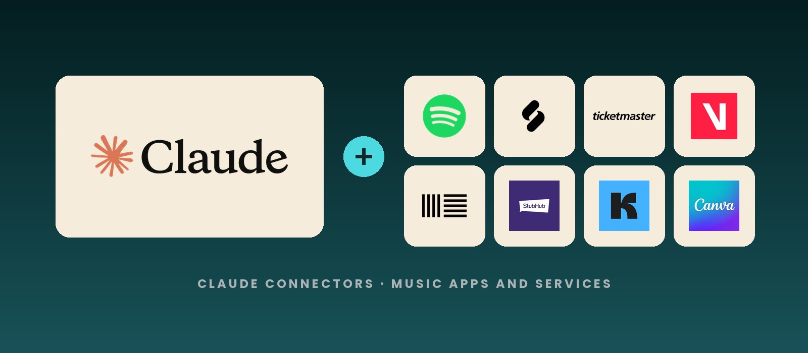 Claude logo next to the Spotify, Splice, Ticketmaster, Viberate, Ableton, StubHub, Kit and Canva app icons