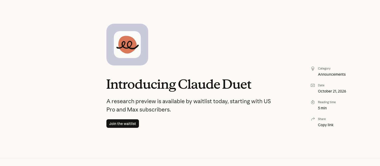 Anthropic's Introducing Claude Duet announcement page, dated October 21, 2026, with the Duet app icon