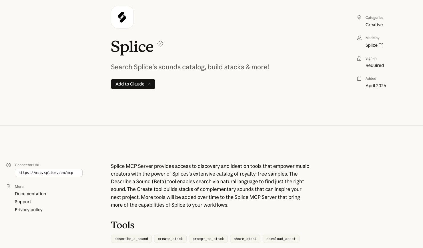Splice connector page in Claude's directory showing sign-in required and its 5 tools