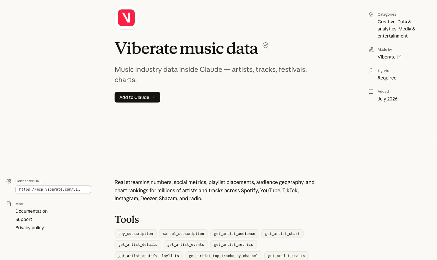 Viberate music data connector page in Claude's directory with its streaming and audience tools