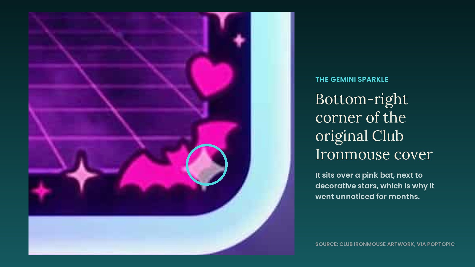 Close-up of the bottom-right corner of the original Club Ironmouse cover with the Gemini sparkle circled