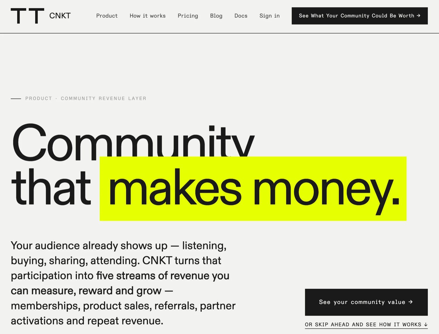 CNKT homepage headline reading Community that makes money above a description of its community revenue layer
