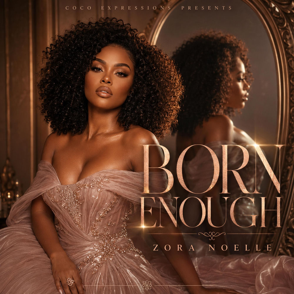 Cover art for the CoCo Expressions album Born Enough, showing a woman in a blush tulle gown seated before a gilded mirror, with the title and the credit Zora Noelle in gold lettering.