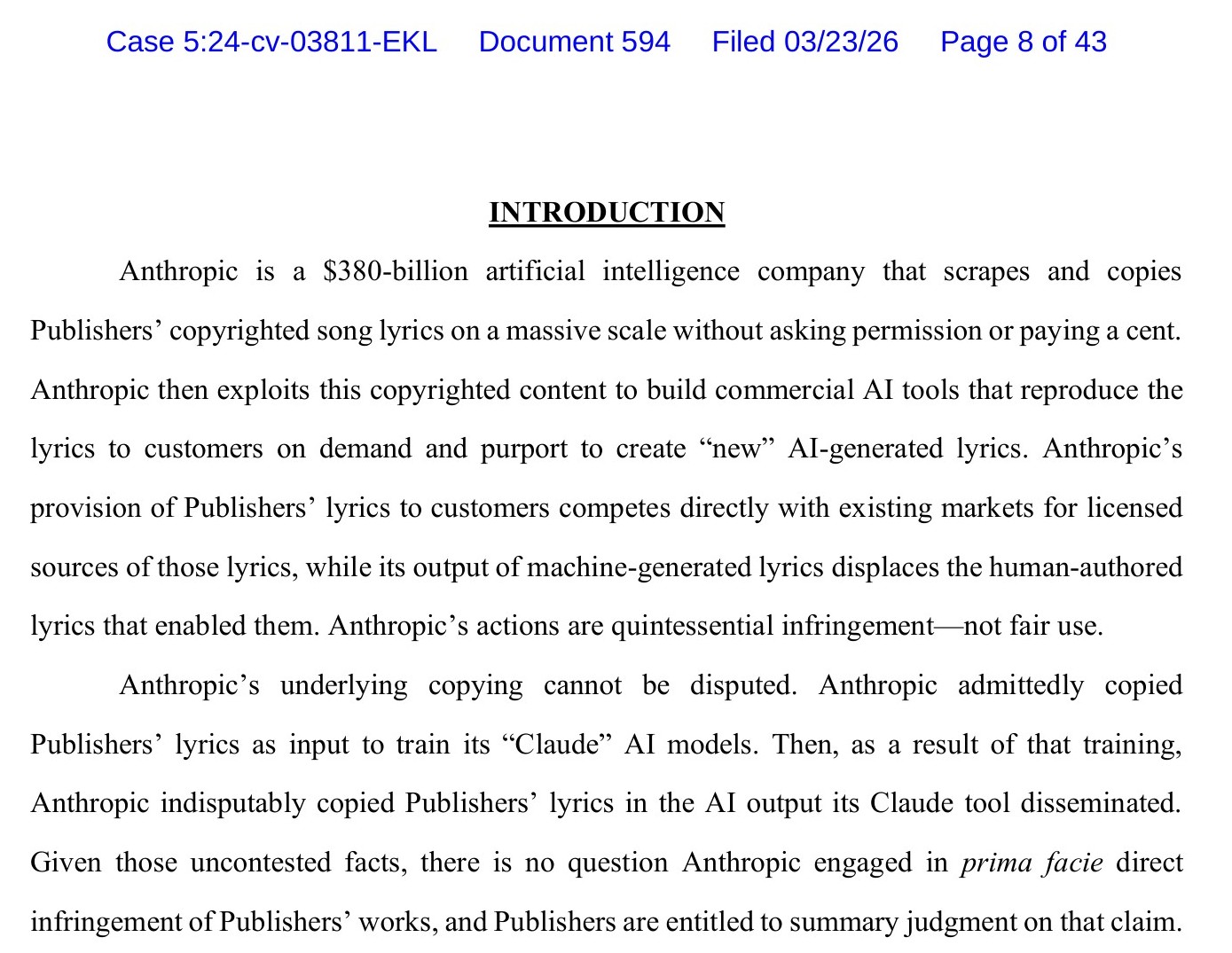Introduction page of the music publishers' March 23, 2026 summary judgment motion against Anthropic over Claude