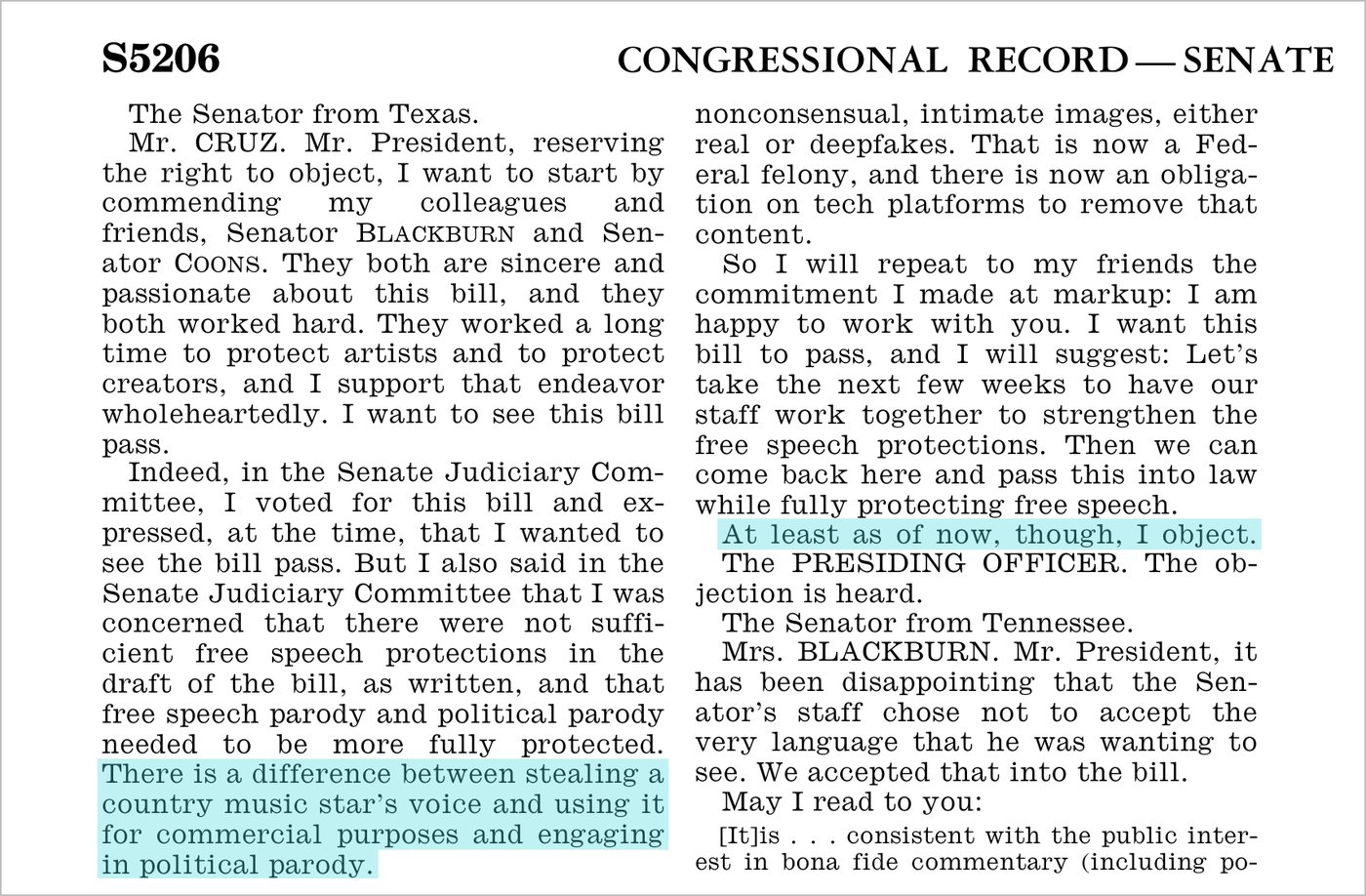 Congressional Record page S5206 from September 30, 2026, showing Ted Cruz objecting to passing the NO FAKES Act