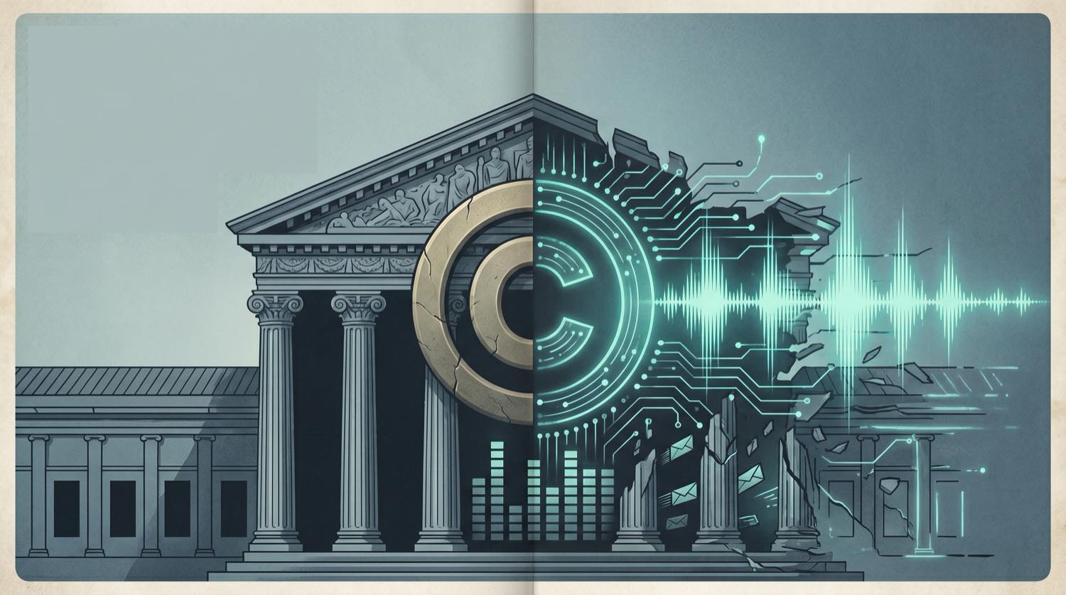 Classical courthouse facade dissolving into a glowing circuit-board copyright symbol and audio waveform