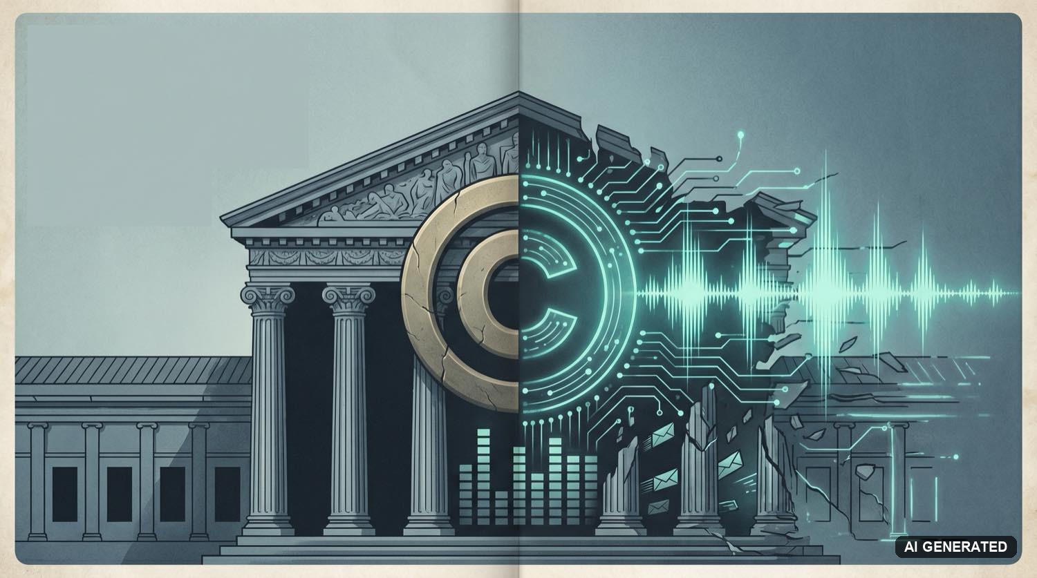 Classical courthouse facade dissolving into a glowing circuit-board copyright symbol and audio waveform