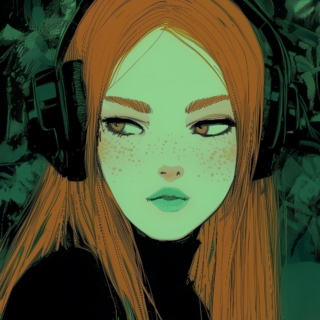Stylised illustration of the CR33PIA persona — a green-skinned woman with long orange hair and large headphones, staring against a dark foliage background.