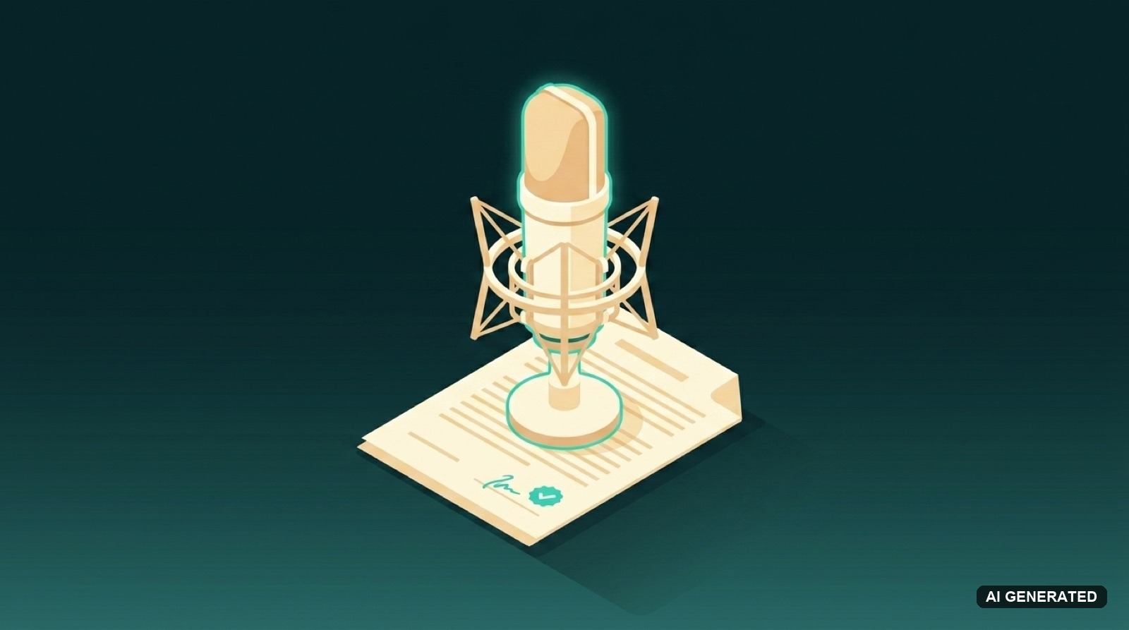 Flat illustration of a cream studio microphone glowing teal, standing on a signed contract on a dark teal background