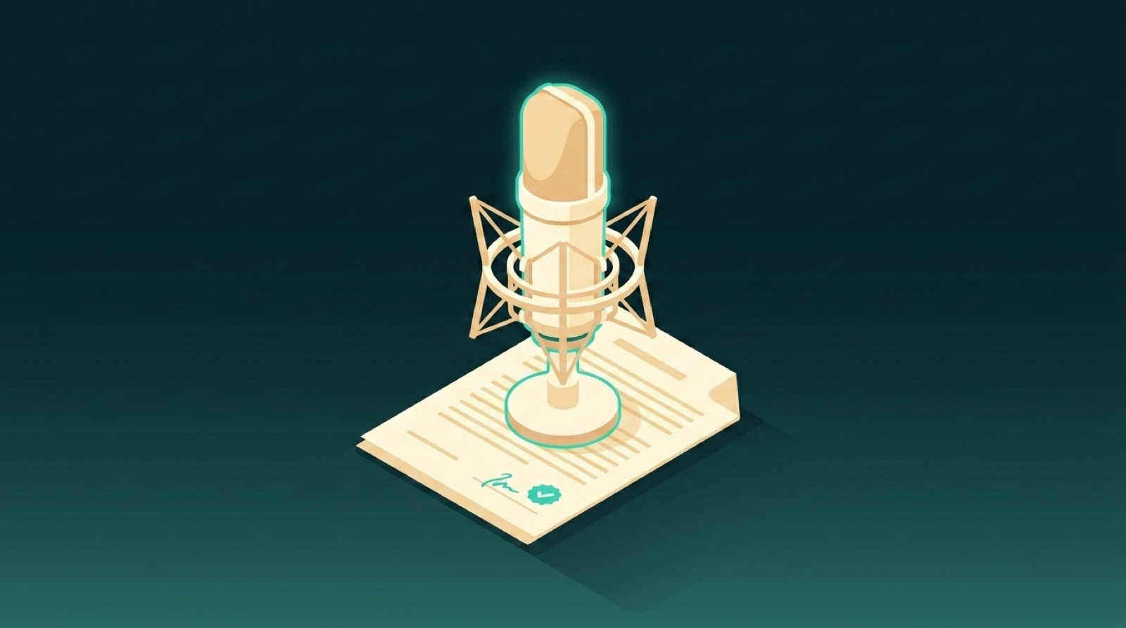 Flat illustration of a cream studio microphone glowing teal, standing on a signed contract on a dark teal background