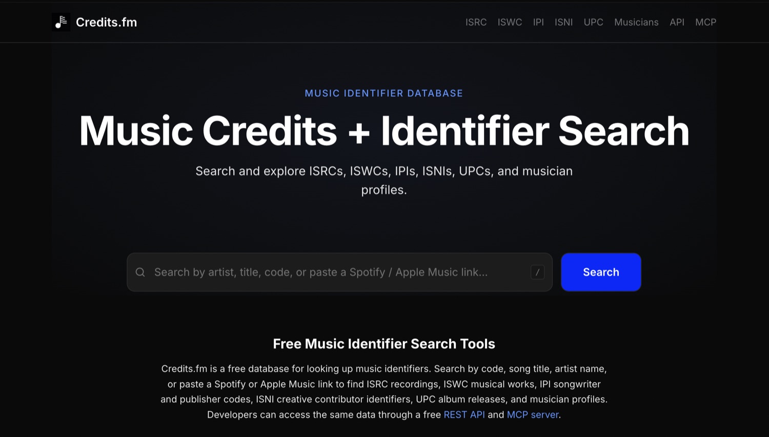 Credits.fm Music Credits and Identifier Search homepage on a dark background