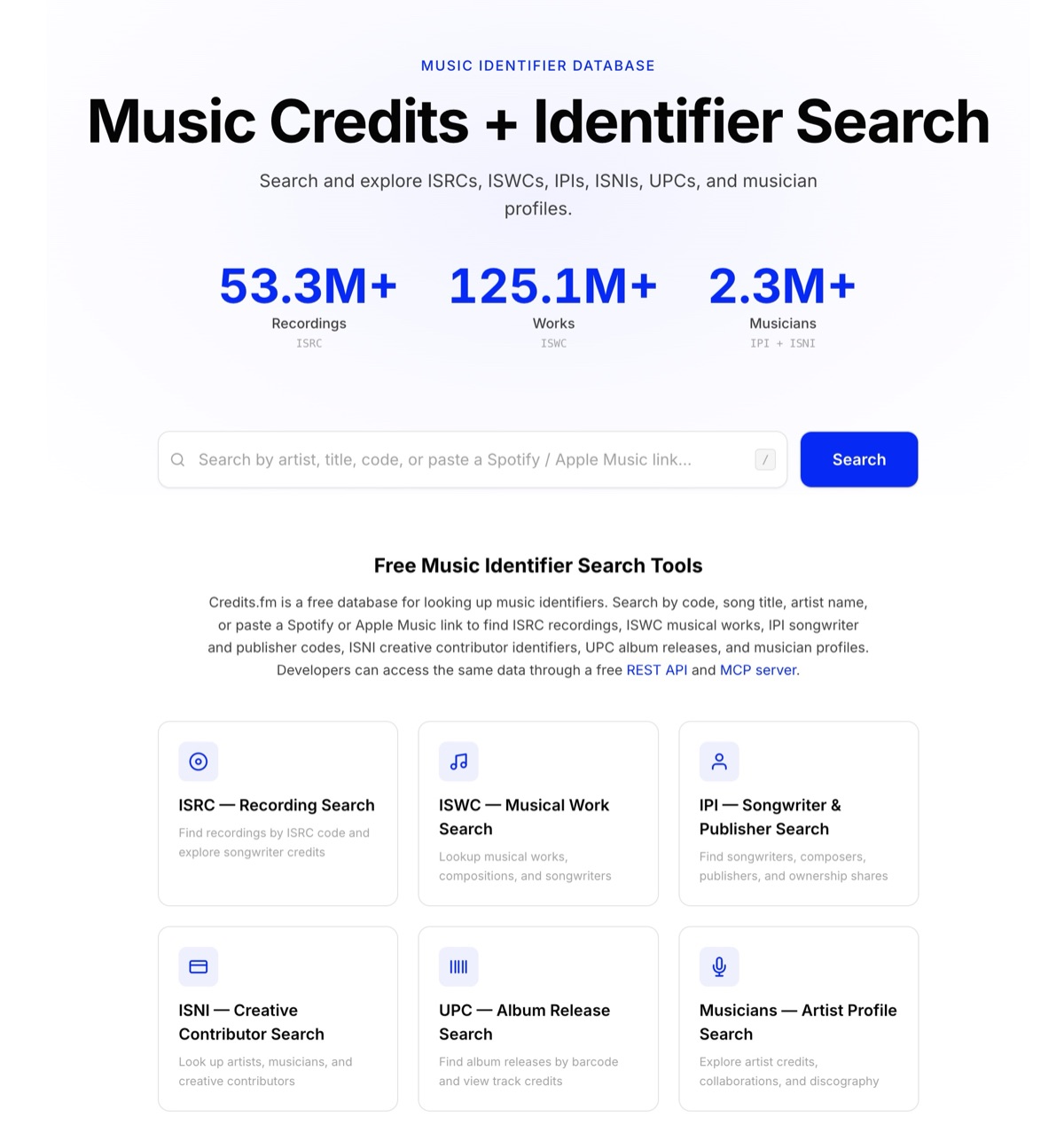 Credits.fm homepage showing 53.3M recordings, 125.1M works, and 2.3M musicians searchable by ISRC, ISWC, IPI, ISNI, and UPC