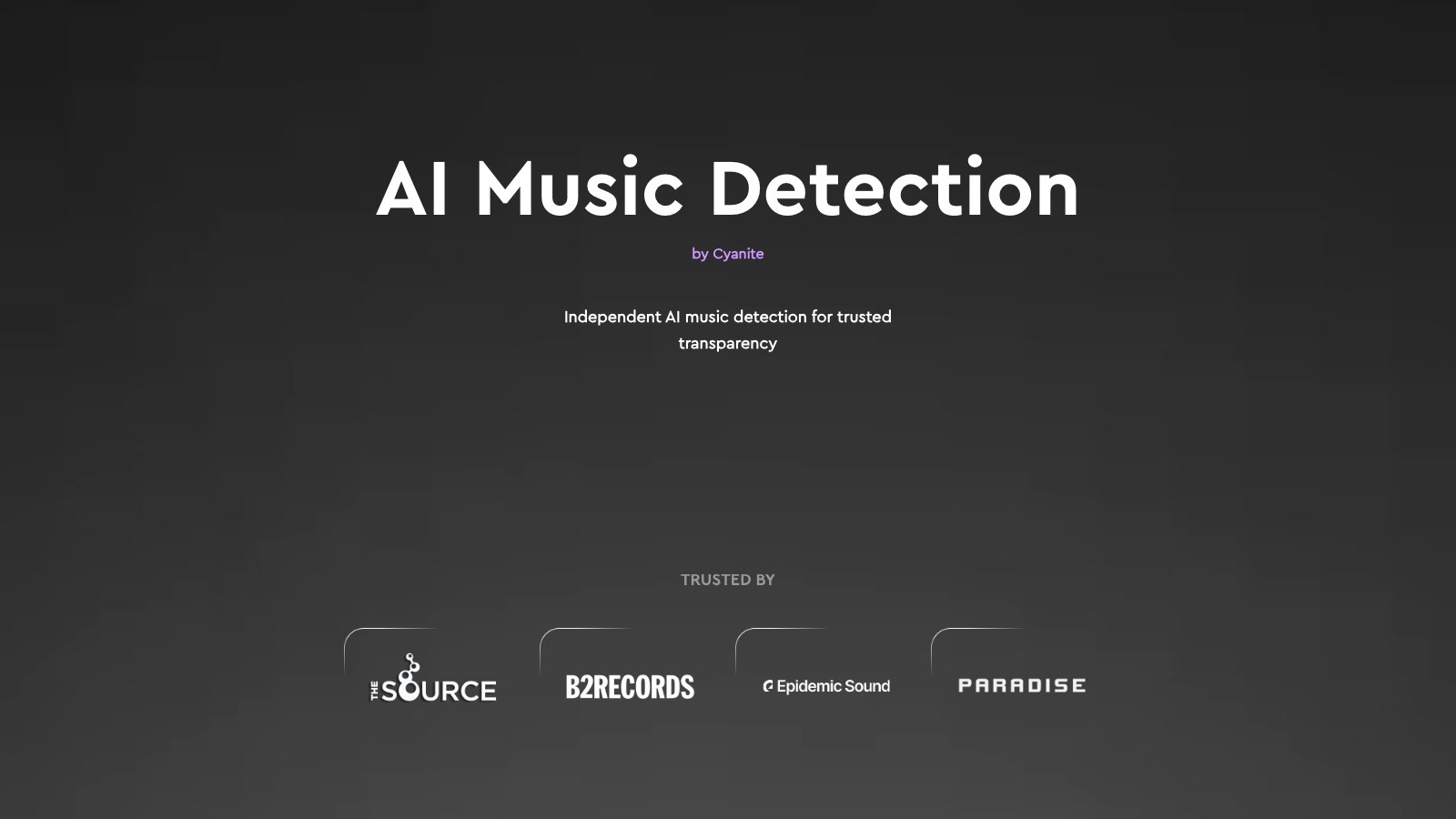 Cyanite AI Music Detection page listing Paradise among customers beside Epidemic Sound